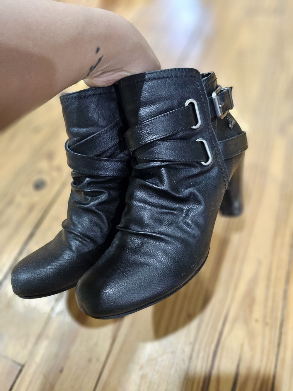 Fergalicious Black Ruched Ankle Booties with Buckle